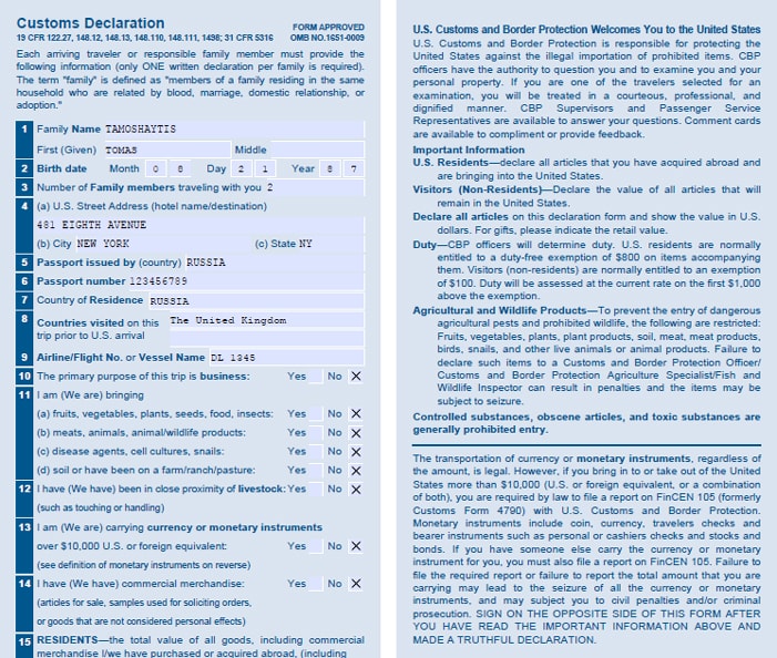 Скачать бланк таможенной декларации сша