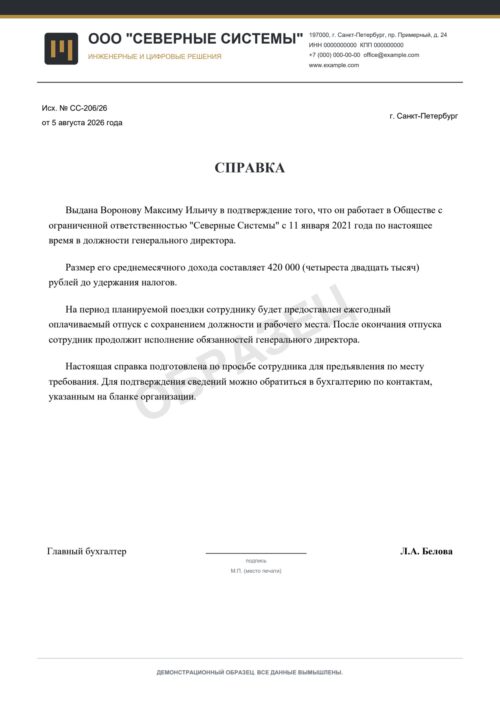 Образец справки с места работы генерального директора