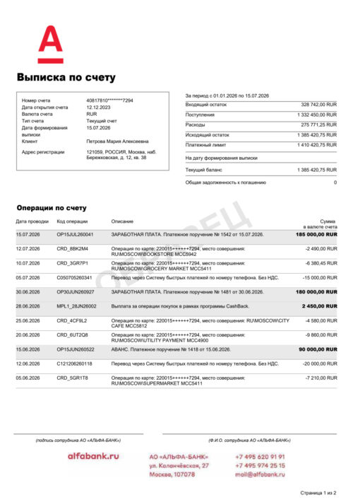Образец выписки Альфа-Банка с движением средств по счету