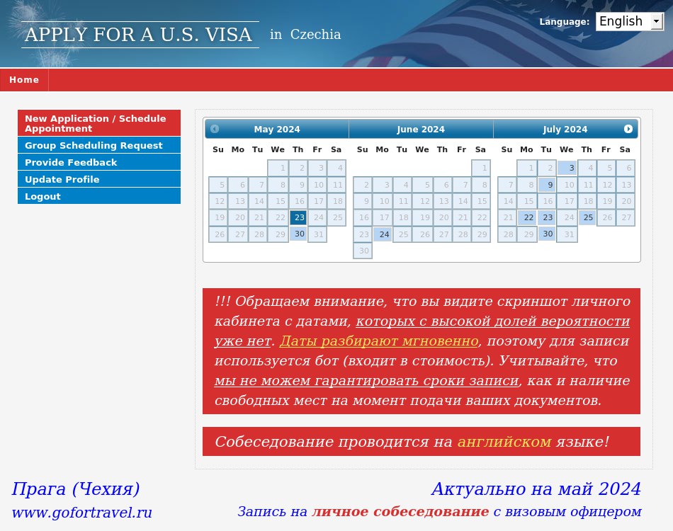 Календарь записи на визу США в Праге